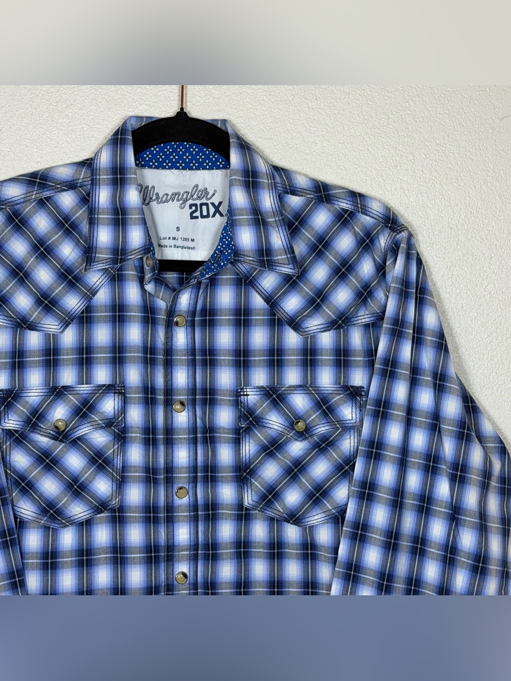 Wrangler 20X Men's Blue Plaid Western Pearl Snap Button Down Shirt Size S Rodeo